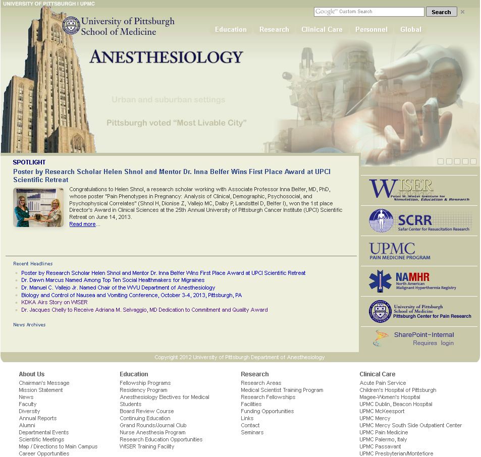 the University of Pittsburgh, School of Medicine, Department of Anesthesiology